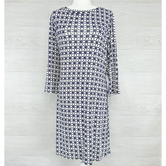 Boden Jersey Tunic Dress Size 20 / 22 Tall Navy Geometric Print Tie Waist V Neck - Picture 2 of 13